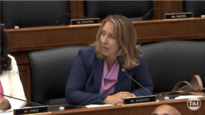 Representative Hillary Scholten of Michigan is wearing a pink shirt and suit coat, as she speaks in committee